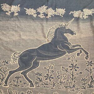 Vintage Blue Unicorn Acrylic Blanket Reversible 86"x80" Made in West Germany